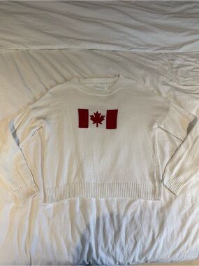 White Crewneck Sweater with Red Maple Flag